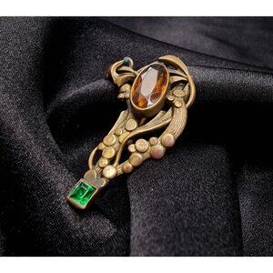 Rare Find Antique Art Nouveau Brass Brooch W/ Amber & Green Glass Gemstones